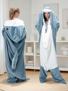 Shark Blanket Hoodie For Adult Kids, Cozy Flannel Throw Wearable Blanket, Cartoon Animals Shark Shark Costume,New Pattern Cartoon Animals Cute Funny Sleeping Bag Gift Home And O (Pink,Blue) - Multicolor - View 3