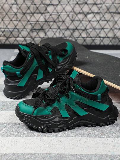 2026 New Low-Key And Calm Black And Dark Green Color-Blocking, Mesh And Leather Spliced Stylish Men's Thick-Soled Chunky Sneakers, Soft And Comfortable For Both Men And Women As Couple Shoes, Suitable For Outdoor Travel, Hiking, And Slope-Cushioning Sports, Ideal For Christmas Outfits And Gift-Giving.