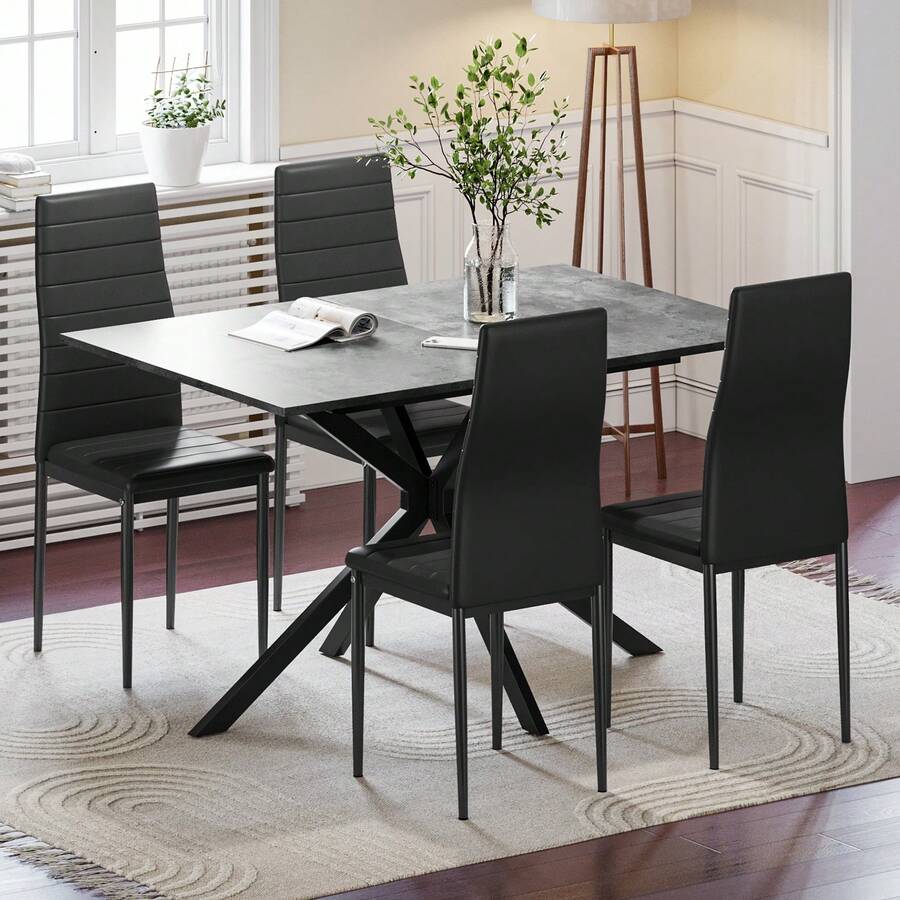 Extendable Dining Table And Chairs Set Of 4,Cement Grey Table With 4 Black High Back Dining Chairs,Modern Dining Table Set For Home/Kitchen,120cm - Cement Grey Table+4 Black Chairs - 查看 1