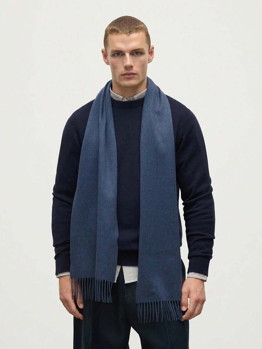 1 chiếc khăn choàng Pashmina len ấm áp màu trơn thời trang và thanh lịch, khăn choàng tua rua chống lạnh thông thường dành cho cả nam và nữ, thích hợp mặc hàng ngày, mùa thu/đông - Màu xanh hải quân - Xem 1