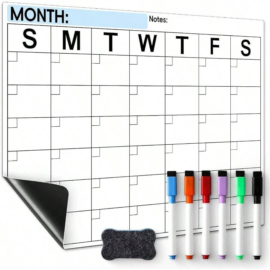 Dry Erase Magnetic Calendar Refrigerator - Monthly Planner Magnet Whiteboard Fridge Wall Door - Shopping, MealMenu, To Do List, Family Schedule Planning Board With 6 Markers - Black - White - View 1