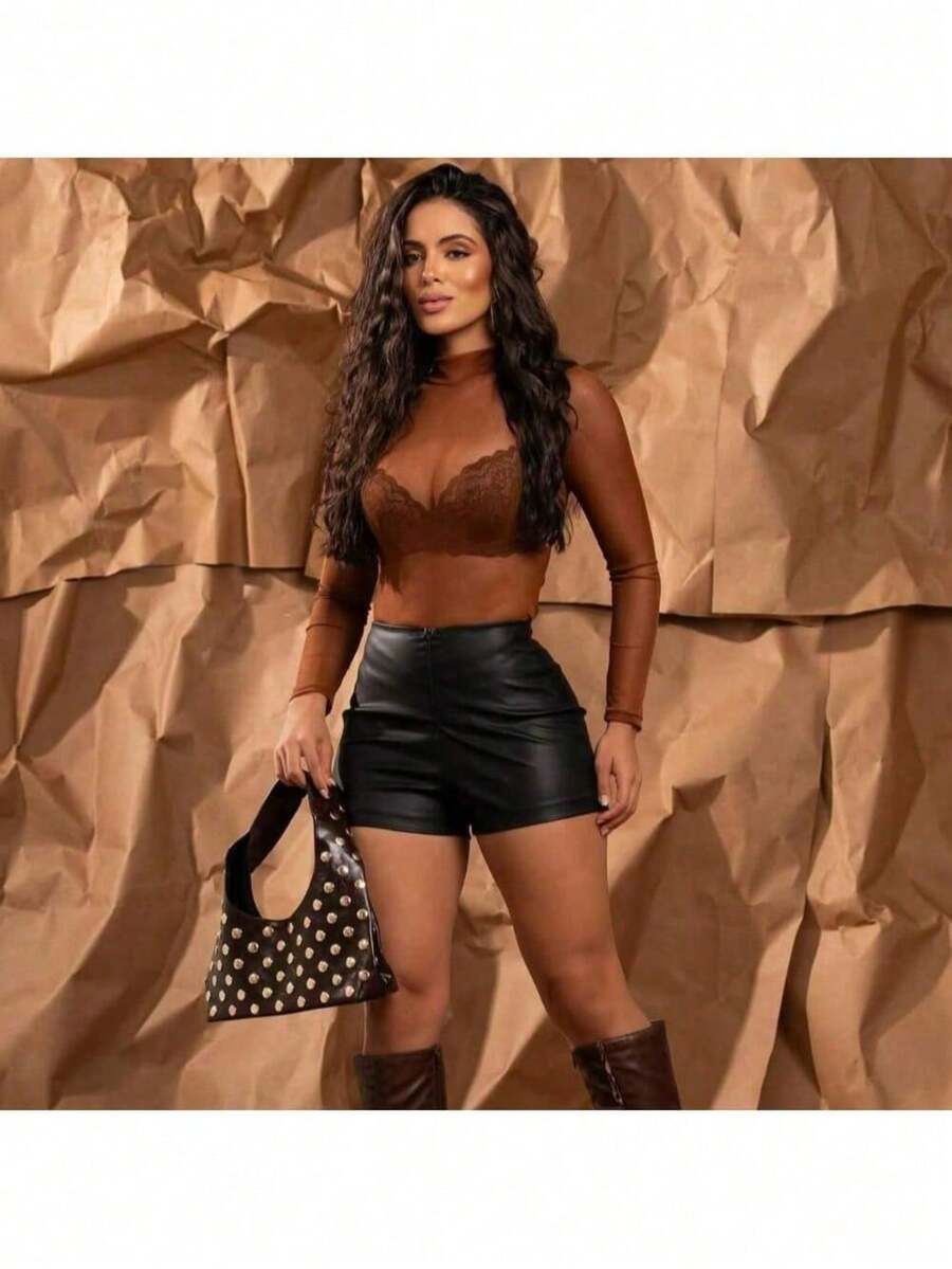 Body Manga Longa De Tule Transparente Blusa Bory Feminina