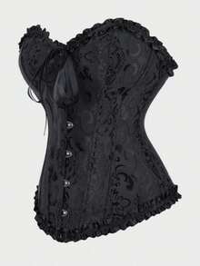 一件式无肩带束身胸衣，系带提花塑身衣，荷叶边领口，带钢骨支撑 - 束腰款式，适合搭配连衣裙 - 黑色 - 查看 3