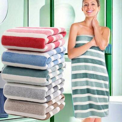 1 pieza Toalla de baño a rayas extra grande - Super absorbente, gruesa, suave y sin pelusa, mezcla de poliéster, ideal para viajes, viajes de negocios y uso doméstico, 70 x 140 cm Decoración de baño