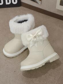 1 Pair Baby Girls Butterfly Decor Side Zipper Slip-On Warm Snow Boots, Comfortable & Lightweight For Everyday Outdoor Wear, Autumn/Winter - Beige - View 4