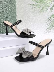 Fashionable Bowknot Design PU Leather Open Toe Strap High Heel Sandals, Comfortable And Versatile For Dates, Commuting, And Travel, Summer - Black - View 3