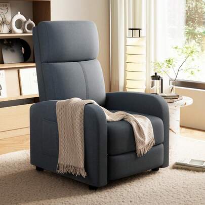 Hodeffior Recliner Chair, Linen Fabric Manual Recliner With Side Pocket, High Backrest, Thick Cushion, Adjustable Push Back Recliner,Comfortable Lounge Chair For Living Room, Home Theater, Bedroom, Dark Grey
