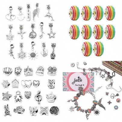 Charm Bracelet Making Kit DIY Craft European Bead Silver Plated Snake Chain Jewelry Gift Set For Girls Teens