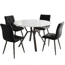 Set tavolo da pranzo, set tavolo da pranzo e sedie (set da 5 pezzi), tavolo da pranzo rotondo moderno e semplice in dearmol, gambe del tavolo in metallo dorato + 4 sedie ergonomiche in velluto, sedie da pranzo beige - Nero + Nero Bianco + MDF + Acciaio - Visualizzare 5