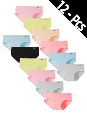 12pcs/Pack Girls' Colorful Elastic Comfortable Cotton Briefs, Cute Candy-Colored Fashion Panties For Tween Girl