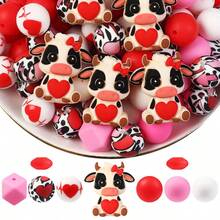 30 piezas de cuentas de silicona con forma de corazón 3D de vaca, cuentas poligonales + cuentas redondas impresas + cuentas planas, diseño de moda, adecuado para la fabricación de joyas, perfecto para pulseras DIY, cordones, accesorios para bolígrafos, decoraciones para fiestas de vacaciones, llaveros y otras manualidades - un regalo ideal para el Día de San Valentín - Multicolor - Ver 3