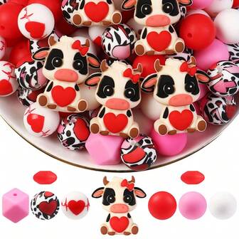 30Pcs Cute 3D Valentine Heart Cow Silicone Beads, Polygon + Printed Round Beads + Lentil Beads, Shape Fashion Design, Beads For Jewelry Making, Perfect For DIY Bracelets, Lanyards, Beads Pen Accessories, Holiday Party Decorations, Keychains And Other Handmade Crafts - Ldeal Valentine's Day Gift