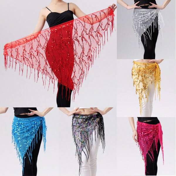 Cinto de Dança do Ventre Feminino com Franjas de Lantejoulas, Lenço de Cintura Boêmio, Traje de Prática de Desempenho Árabe Turco, Acessórios de Festa para Dançarina de Ventre