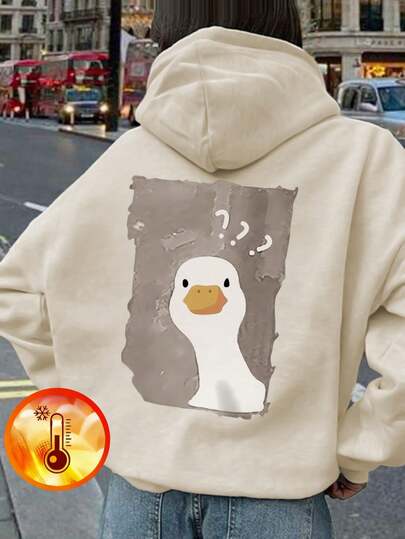 休闲图案连帽衫，适合青少年女孩穿着，加厚保暖内衬设计，适合学生在秋冬季节穿着 - 可爱的问号鸭图案，为每个孩子的生活增添乐趣和欢乐！