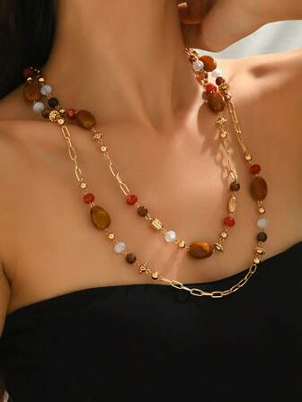 1 st. bohemiska vintage eleganta svarta, bruna, kakifärgade runda hartspärlor, CCB-pärlor, glaserade prickiga pärlor DIY-halsband, imitation av jadehartsrunda pärlor med metallkedja, lämplig för tröja, vardag, fest, högtid, lämplig för sexig dam, present till alla hjärtans dag, Thanksgiving, vänner, slumpmässigt färgad harts med små gjutmärken