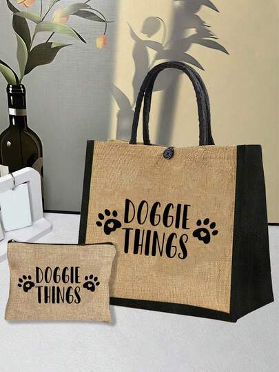 "DOGGIE THINGS"Letter, Bone Pattern Printed Handbag Set, A Gift For Dogs And Pet Lovers, Handbag With Makeup Bag And Mini Coin Wallet, Dog's Favorite Bone Pattern Design, This Is A Great Gift, Suitable For Mothers, Teachers, Friends, Portable Leisure Storage Handbag, Multi-Functional Shopping Bag