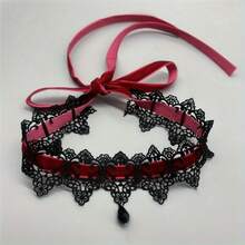 's Gothic Lace Choker Necklace - Black Intricate Gothic Pendant With Glossy Black Center - Elegant Gothic & Victorian Style Statement Piece For Daily Wear, Costume Parties,  Fans - Year-Round Gothic Jewelry Gift - Delicate Lace Design - 赤紅 - 查看 1