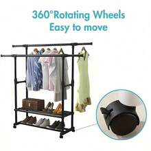 Perchero Ajustable de 1/2 Barras con Ruedas y Tendedero - Organizador de Ropa Expandible con Estante para Zapatos y Almacenamiento, Ideal para Dormitorio, Salón, Armario, Perchero Independiente Negro Moderno, Solución de Almacenamiento Versátil, Diseño Contemporáneo, Construcción Robusta, Organización del Hogar, Diseño Minimalista, Material Duradero, Organizadores para el Hogar, Tendedero de Ropa, Perchero para Colgar Ropa, Estante para Ropa - Negro - Ver 5