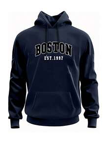 男士波士顿字母印花休闲连帽卫衣，开学季，秋冬 - 藏蓝色 - 查看 3