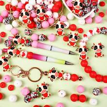 30 piezas de cuentas de silicona con forma de corazón 3D de vaca, cuentas poligonales + cuentas redondas impresas + cuentas planas, diseño de moda, adecuado para la fabricación de joyas, perfecto para pulseras DIY, cordones, accesorios para bolígrafos, decoraciones para fiestas de vacaciones, llaveros y otras manualidades - un regalo ideal para el Día de San Valentín - Multicolor - Ver 4