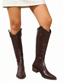 Women's Pointed Toe Tall Boots, Winter New Thick Heel High Heel Retro Cowboy Boots - Brown - View 2
