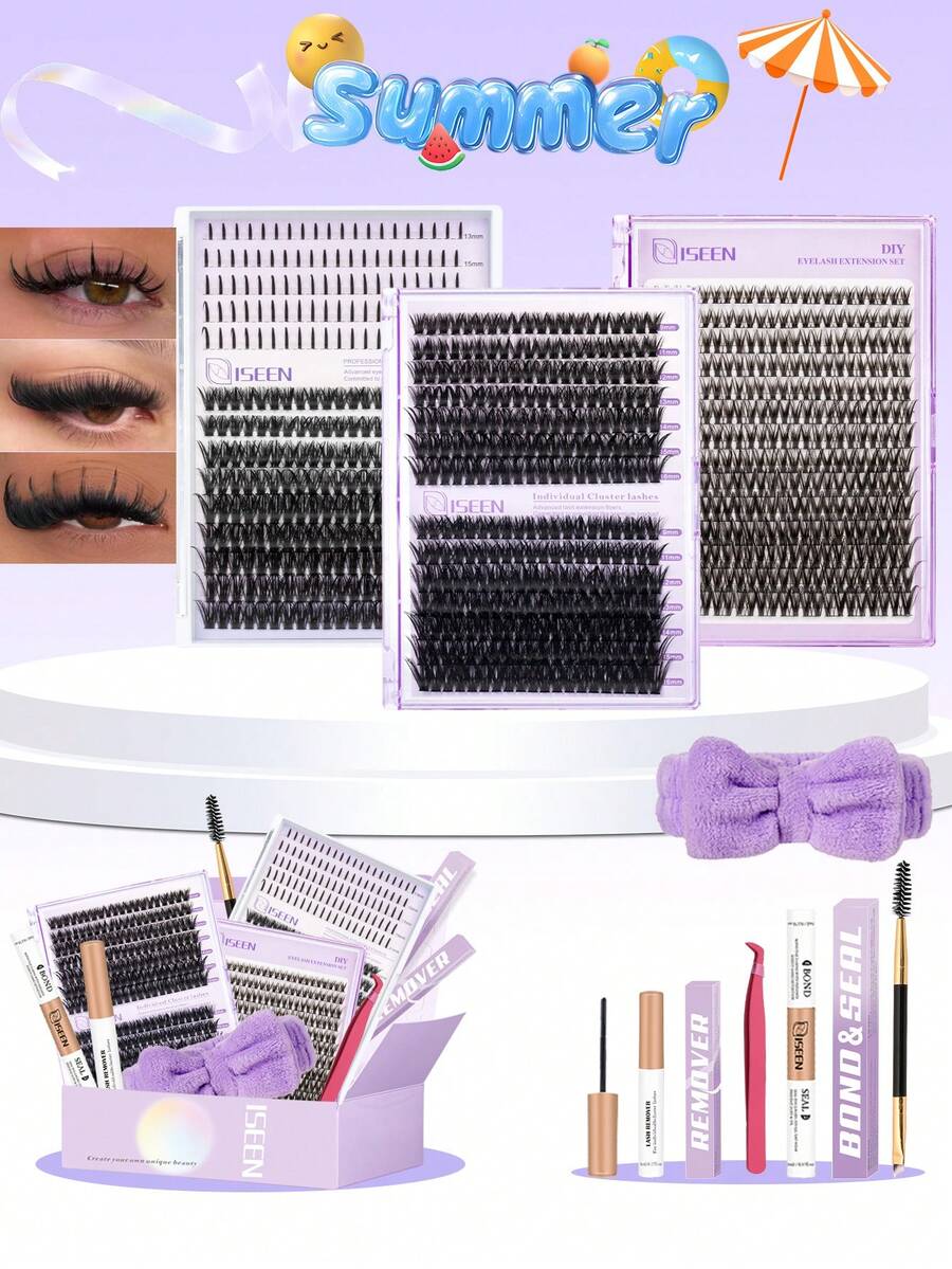 728pcs, 280pcs, 168pcs D-Curl, C-Curl Eyelash Extension Kit, DIY Eyelash Extension Set, 9-16mm, 60D, 100D, 120D Individual Lashes Set, Includes Lash Glue, Sealant, Tweezer, Remover Brush, Easy Self-Use (9-16mm, Set) - 紫色 - 查看 1