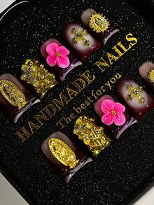Handmade Short Duckbill Press-On Nails, 3D Floral, Golden Accent Embellished, Burgundy Nude Gradient Design, Luxury Cultural-Inspired Nails For Women, Special Event, Celebration Manicure - 咖啡棕 - 查看 5