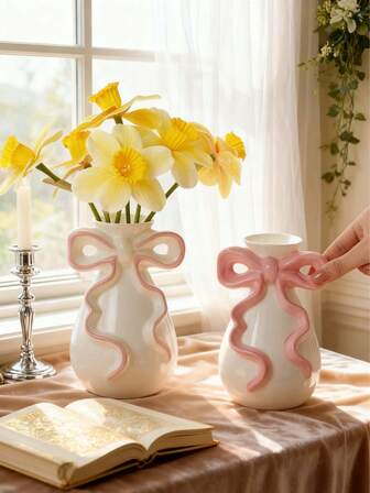 1 pieza Jarrón mini lindo con lazo, jarrón decorativo de resina pintado a mano, adecuado para el hogar, decoración de mesa de restaurante y plantas hidropónicas, mejor regalo del Día de San Valentín, mejor decoración para frutas de primavera y verano, regalos festivos, regalos de Navidad