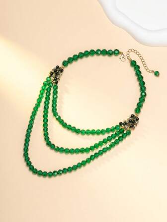 复古祖母绿三层串珠项链，奢华多层祖母绿项链，复古宫廷风祖母绿三层颈链，小众艺术祖母绿串珠项链，适合派对/正式场合