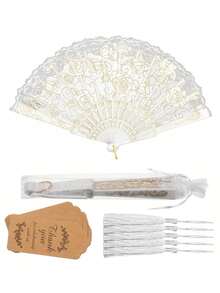 40pcs/20pcs/4pcs Elegant Vintage Rose Lace Floral Hand Fans, Vintage Style White Rose Folding Hand Fans, Includes 5pcs Fans, 5pcs Thank You Cards, 5pcs Tassels And 5pcs Organza Bags, White And Gold Floral Pattern, With Tassels, Suitable For Weddings, Bridal Showers, Parties And Church Decorations, Balls And Party Props, Church Wedding Decor