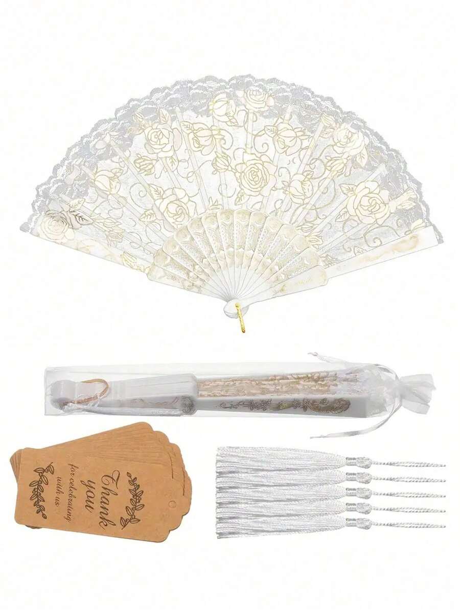 40pcs/20pcs/4pcs Elegant Vintage Rose Lace Floral Hand Fans, Vintage Style White Rose Folding Hand Fans, Includes 5pcs Fans, 5pcs Thank You Cards, 5pcs Tassels And 5pcs Organza Bags, White And Gold Floral Pattern, With Tassels, Suitable For Weddings, Bridal Showers, Parties And Church Decorations, Balls And Party Props, Church Wedding Decor