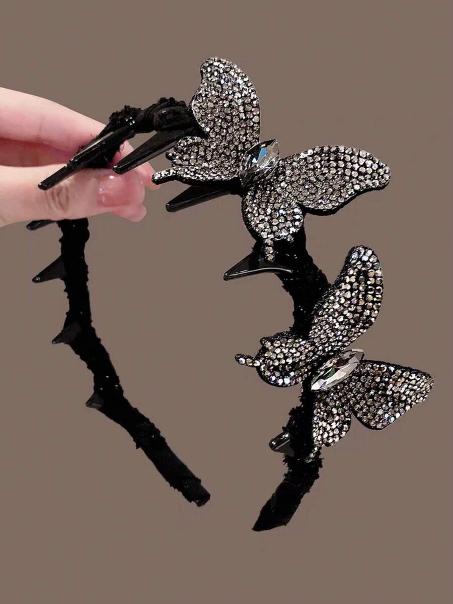 1个儿童简约水钻蝴蝶发箍，防滑，百搭优雅，适合女孩佩戴 - 彩色 - 查看 1