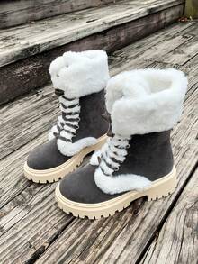 Women's 2025 Mid-Calf Snow Boots - Platform Martini Boots With Plush Thermal Lined & Faux Fur Cuff | Winter Thermal Insulated Slip-Resistant Footwear - Grey - View 6