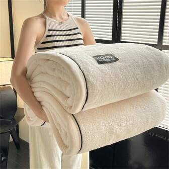 1pc Thick Double-Sided Wool Blanket, Soft & Warm Plush Blanket, Faux Rabbit Fur, Multi-Purpose For Sofa, Indoor Bed, Outdoor Camping, All Season Gift Blanket, Machine Washable, Modern Style Patchwork Throw Blanket, Polyester Fiber Material