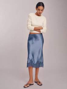 Women Silk Satin Half Slip Long Skirts Lace Patchwork Elastic Waist Long Skirt Elegant Silky Flowy A Line Midi Skirts - 藍色 - 查看 5