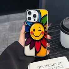 Colorful Silver Apple Phone CaseColorful Flower With A Happy Winking  FaceCompatible With  11 To  17 Models The Cases Lens Protection Function Ensures The Camera Remains Undamaged During Shooting  Guaranteeing Image Quality - 黑色 - 查看 6