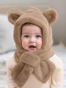 1pc Baby Cute Bear Plush Earflap Beanie Hat With Scarf, Thick Warm For Autumn/Winter, Unisex - 1PC - View 1