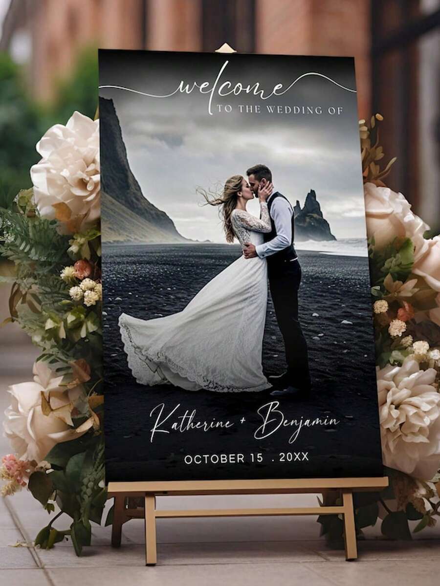 Elegant Wedding Photo Welcome Sign Template Modern Welcome Board Printable Wedding Reception Poster Custom Venue Illustration Wedding Decor Outdoor Event Accessories Minimalist - Multicolor - View 1