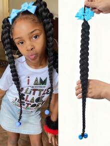 Kids Long Braided Ponytail Synthetic Hair Extension With Bow,With Bead In The End, High Elasticity Hair Tie Design,Ponytail Accessories 1pc - Natural Black - View 8
