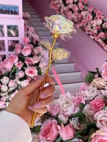 彩色金箔玫瑰金箔玫瑰礼盒，情人节礼物，闪亮水晶玫瑰装饰 - 金茎彩虹人造玫瑰，适合生日、情人节和家居装饰，浪漫房间装饰 | 人造彩虹玫瑰 | 精致工艺，花束配件。 - 彩色 - 查看 4