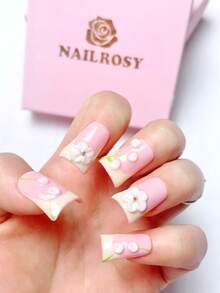 nailrosy 10Pcs Handmade Press On Nails Short Duck Nail Clear Light Yellow 3D Nail Art Gel Carving Gel Flowers French Y2K Nails Wedding Press On Acrylic Nails Poly Gel Nail Kit Fake Nails Wedding Birthday Party Emo Goth Acrylic Nails Supplies 3D Nail Art Gel Carving Gel Flowers Winter - Yellow - View 5