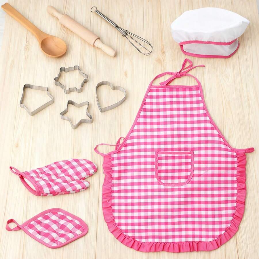 Kids Plaid Pattern Apron Set Toy, For Boys And Girls Kitchen Play, Baking And Cooking Role Play, Family Interaction, Christmas And Thanksgiving Gift