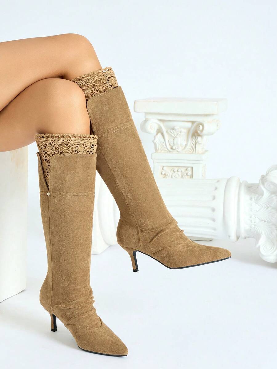 Fall/Winter Vintage Distressed Suede Pointed Toe Lace Patchwork Thigh High Fashion Boots For Women, New Autumn Pleated Versatile Riding Boots,Kitten Heels - Khaki - View 1