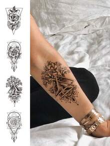 4张女士身体彩绘临时纹身贴纸，黑色花朵和几何图案。防水，可持续2-5天。可用于手部、手臂、颈部、肩部、胸部、腰部、腿部和脚踝。适合节日、派对、音乐节以及作为身体装饰。 - 黑色 - 查看 9