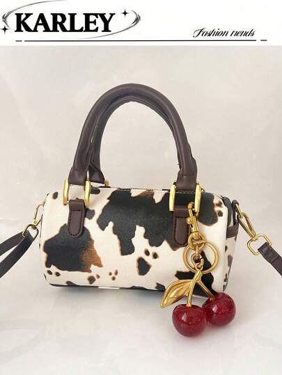 1pc Women's Bag, New Autumn/Winter Cow Print Mini Bag, Fashionable Retro Versatile Small Bag, Boston Pillow Bag, Handbag, Shoulder Crossbody Bag