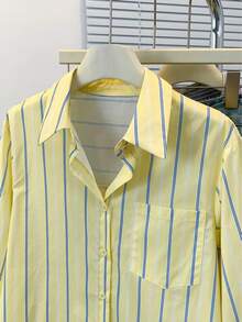 Camisas de botones a rayas para mujer, camisas de vestir de manga larga, camisas casuales con cuello y bolsillo para oficina y trabajo, primavera - Amarillo - Ver 3