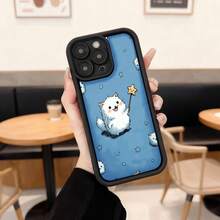 Cubierta de teléfono con borde negro azul claro con estampado de gato blanco mágico con varita estrella y estrellas pequeñas para uso diario en cafeterías y salas de estar Aplicable a los teléfonos de la serie Apple y Galaxy - Burdeos - Ver 1