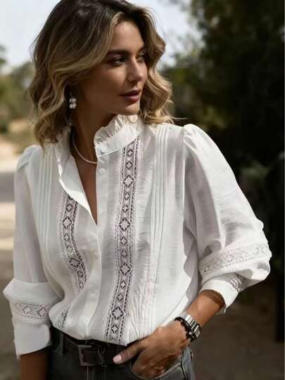 Roupas de outono para mulheres. Camisa feminina de manga comprida, cor sólida, com patchwork de renda e lapela casual, a camisa feminina mais bonita e elegante para sair, adequada para casa, dia a dia, trabalho e encontros na primavera e no outono.