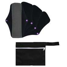 Conjunto com 4 unidades + 1 bolsa impermeável preta. Absorventes menstruais reutilizáveis e laváveis em tecido. Protetores diários reutilizáveis.