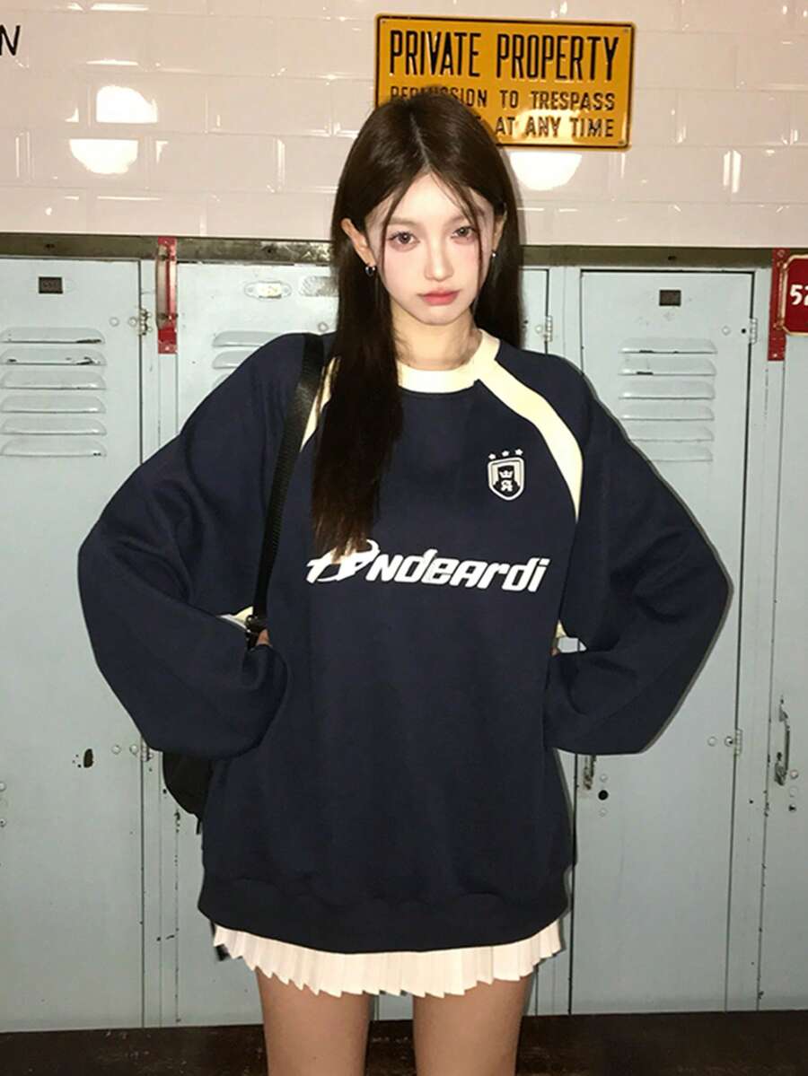 Vintage Letter Print Color Block Patchwork Sweatshirt,Long Sleeve Tops - Navy Blue - View 1